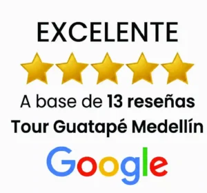 Calificación de 5 estrellas basada en 13 reseñas en Google que avalan la calidad excepcional de nuestro tour Guatapé desde Medellín.