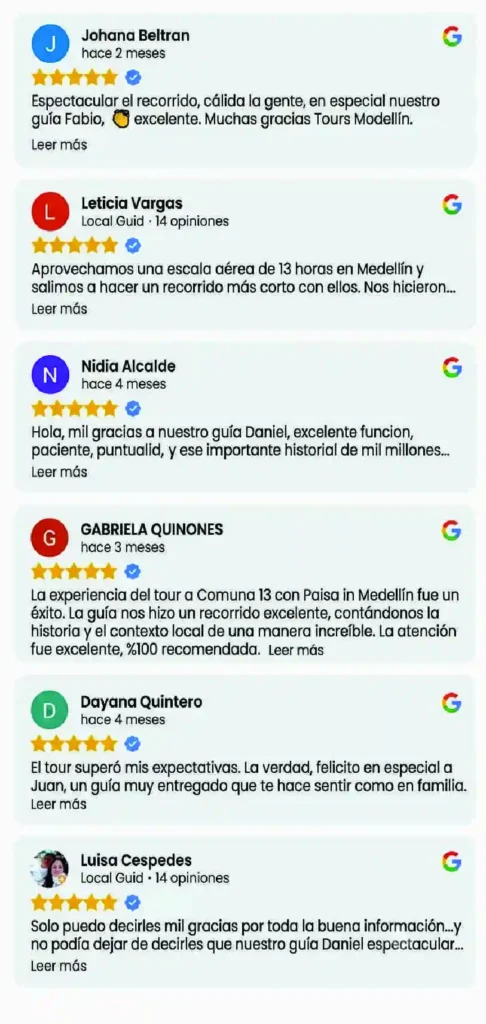 Reseña de cliente satisfecho en Google destacando la excelencia de nuestro tour Guatapé desde Medellín, validando nuestra calidad de servicio.